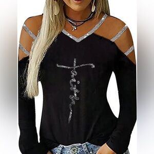 🔴 4/$15 FAITH Women’s Black & Metallic Silver Cold Shoulder LS Top size S in EUC